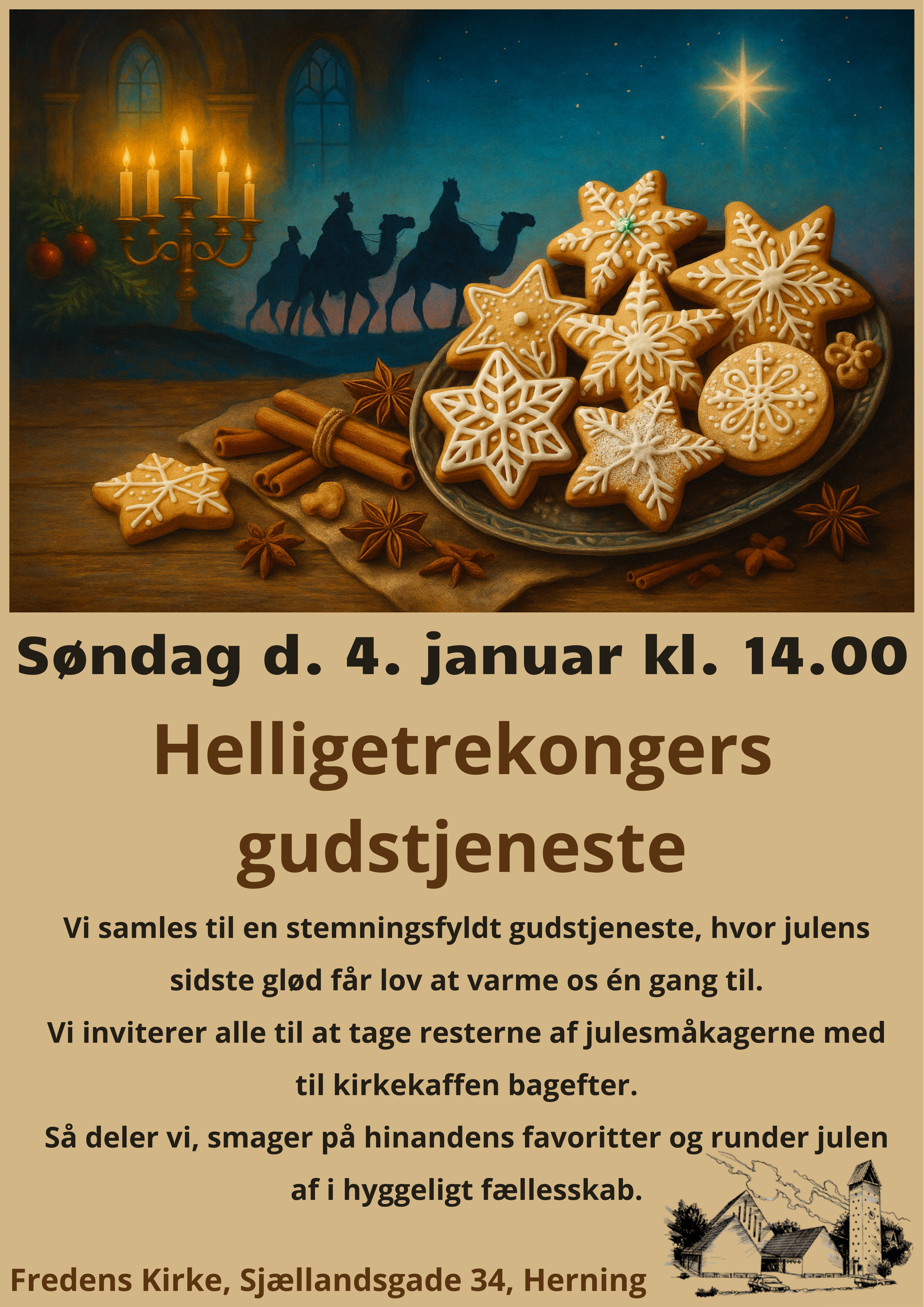 

Vi samles til en stemningsfyldt gudstjeneste, hvor julens sidste glød får lov at varme os én gang til.

Efter gudstjenesten inviterer vi til kirkekaffe
og denne gang gør vi det lidt anderledes:

Vi inviterer alle til at tage resterne af julesmåkagerne med: vaniljekranse, pebernødder, brunkager.
Hvad end der gemmer sig i dåserne derhjemme efter juletiden.

Så deler vi, smager på hinandens favoritter og runder julen af i hyggeligt fællesskab.