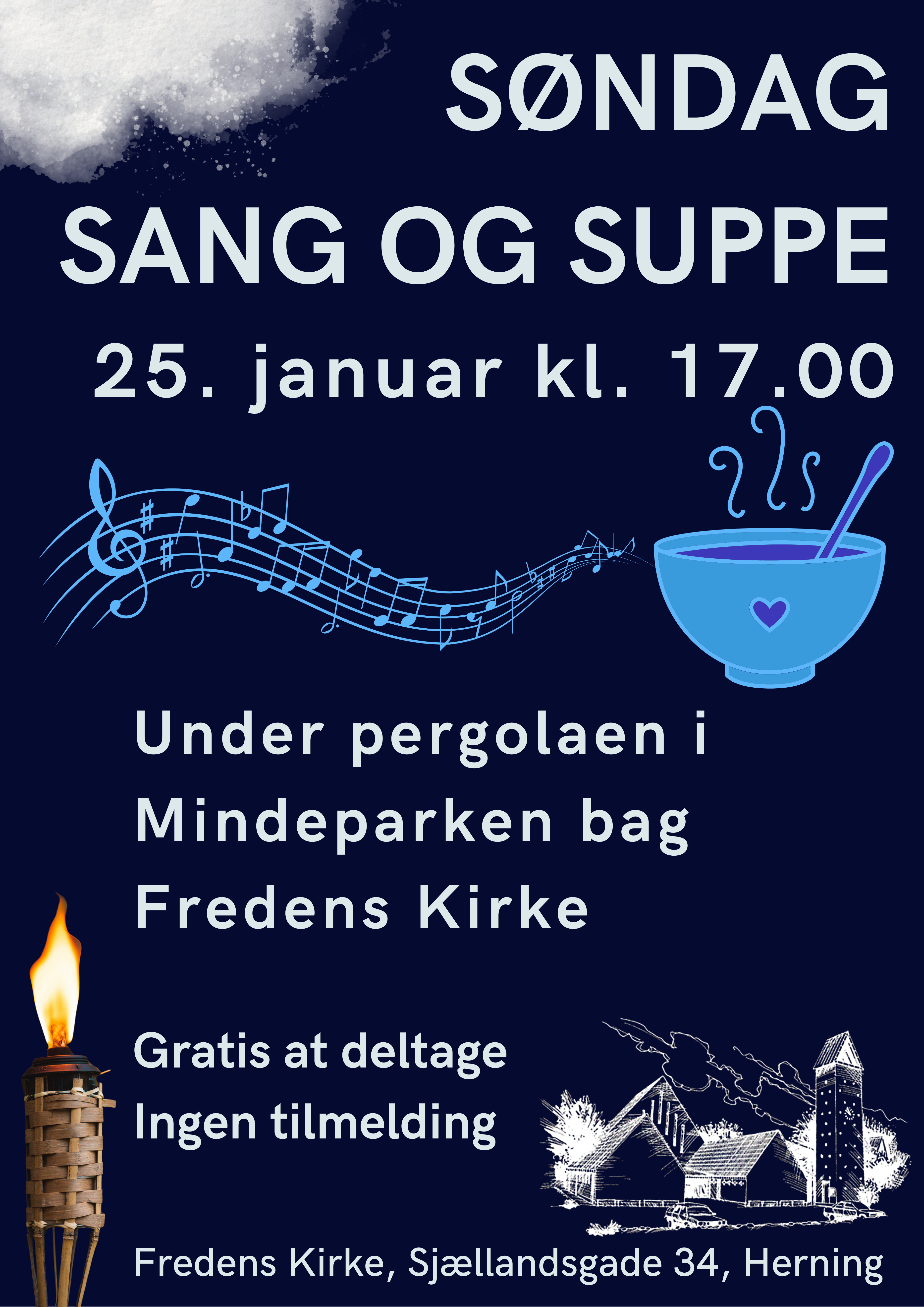 Søndag, sang og suppe kl. 17.00
I det skønne område i Mindelunden, under pergolaen øst for kirken, mødes vi i faklernes og lanternernes skær og synger sammen og lytter til en kort fortælling.
Sange og fortælling vil være afstemt efter årstiden.
Ingen vi går hjem, spiser vi varm suppe sammen, også under pergolaen, så tag varmt tøj på.
Ingen tilmelding er nødvendig, duk blot op, det er ganske gratis.
