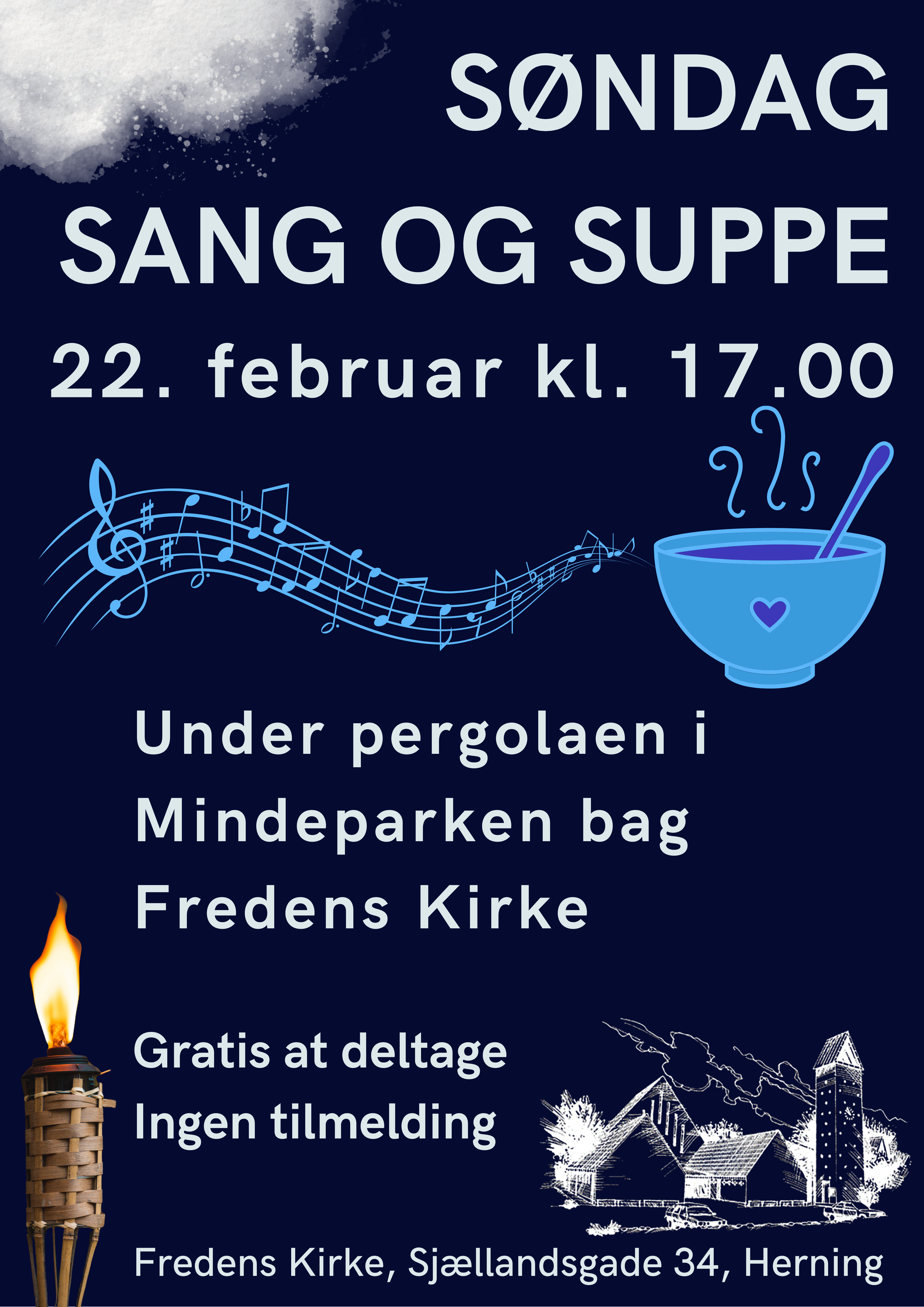 Søndag, sang og suppe kl. 17.00
I det skønne område i Mindelunden, under pergolaen øst for kirken, mødes vi i faklernes og lanternernes skær og synger sammen og lytter til en kort fortælling.
Sange og fortælling vil være afstemt efter årstiden.
Ingen vi går hjem, spiser vi varm suppe sammen, også under pergolaen, så tag varmt tøj på.
Ingen tilmelding er nødvendig, duk blot op, det er ganske gratis.
