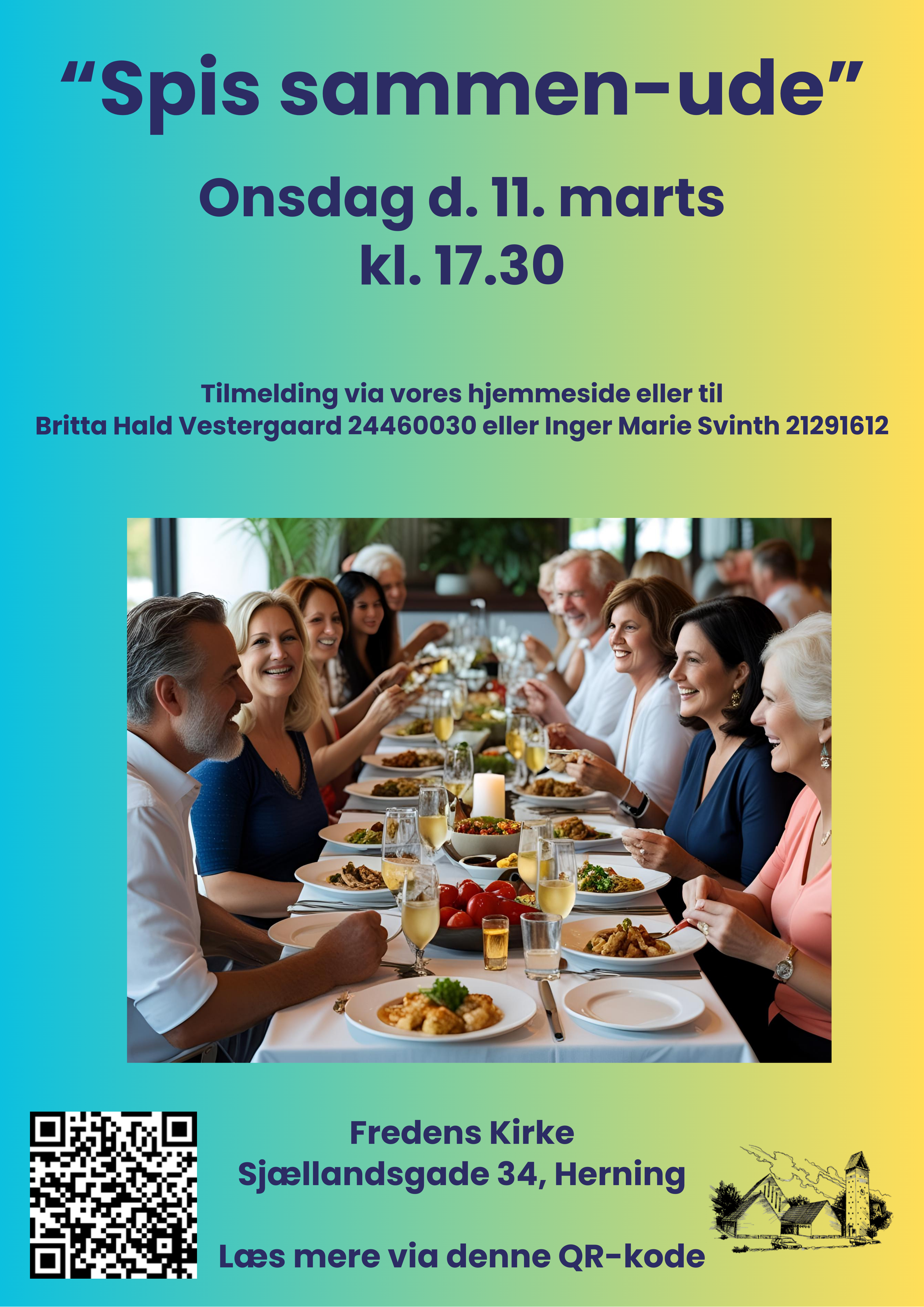 På udvalgte datoer arrangerer Fredens Kirke 'Spis sammen - ude'.
Vi mødes ved Fredens Kirke, og i samlet flok går vi hen og spiser på en udvalgt restaurant her i byen.
Efter middagen er der kaffe og kage til alle i Fredens Kirke.
Det vil være muligt at købe en middag incl. drikkevarer til ca. 200 kr. på de restauranter, vi besøger.
Hver deltager betaler selv efter spisning. Kaffen og kagen er Fredens Kirke vært for.