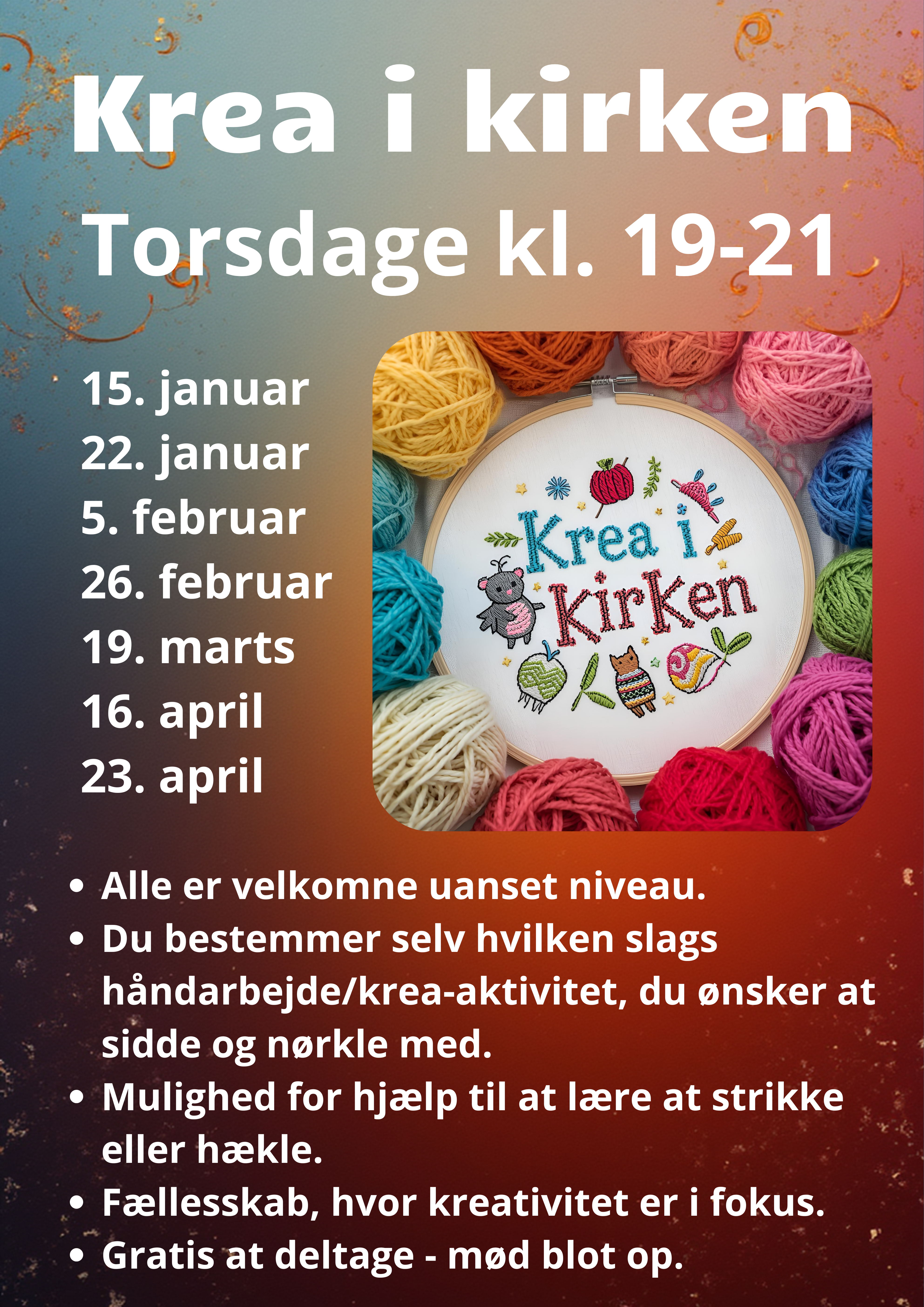 Fredens Kirke inviterer til krea-aftener torsdage fra kl. 19.00 - 21.00. Alle er velkomne uanset niveau. Hvilken slags håndarbejde/krea-aktivitet I ønsker at sidde og nørkle med, bestemmer I selv. Hvis der er nogen, som har ønske om at lære at strikke eller hækle, kan vi hjælpe dig i gang med det. Kan du lide at sy, brodere eller noget helt tredje, er du også velkommen til at komme og hygge med os.
Vores ønske er at skabe et fællesskab, hvor kreativitet er i fokus og hvor vi kan få os en god snak og inspirere hinanden til nye projekter og teknikker. Der vil være mulighed for at få hjælp/sparring til at komme i gang og til at lære nye teknikker. Vi glæder os meget til at se alle dem, som har lyst til at være en del af et krea-fællesskab. Ingen tilmelding - man møder bare op