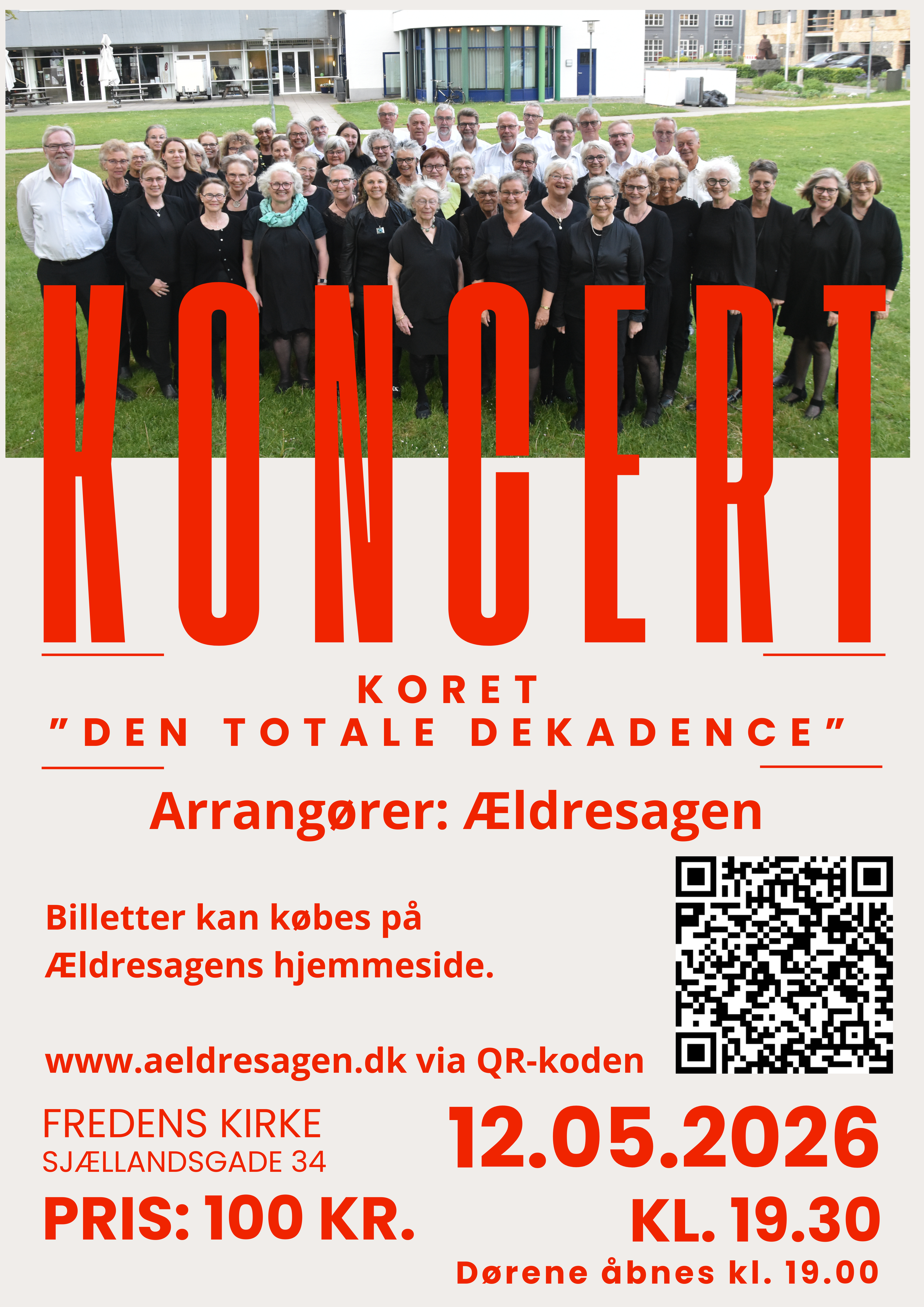 Koncert med koret Den totale Dekadence tirsdag d. 12. maj kl. 19.30. Dørene åbnes kl. 19.00.
Billetter kan købes på Ældresagens hjemmeside https://www.aeldresagen.dk eller via QR-koden på plakaten.
Koret âDen Totale Dekadenceâ â Ikast, synger foråret ind i Fredens Kirke.
Korets historie strækker sig over 39 spændende og begivenhedsrige år. Alle år under ledelse af Hanna og Aage Christiansen.
Koret består af ca. 75 medlemmer, fordelt på 2 damestemmer og 2 herrestemmer.
Koncertrepertoiret er rytmiske sange, musicals, rock, evergreens, danske sange og salmer.  
