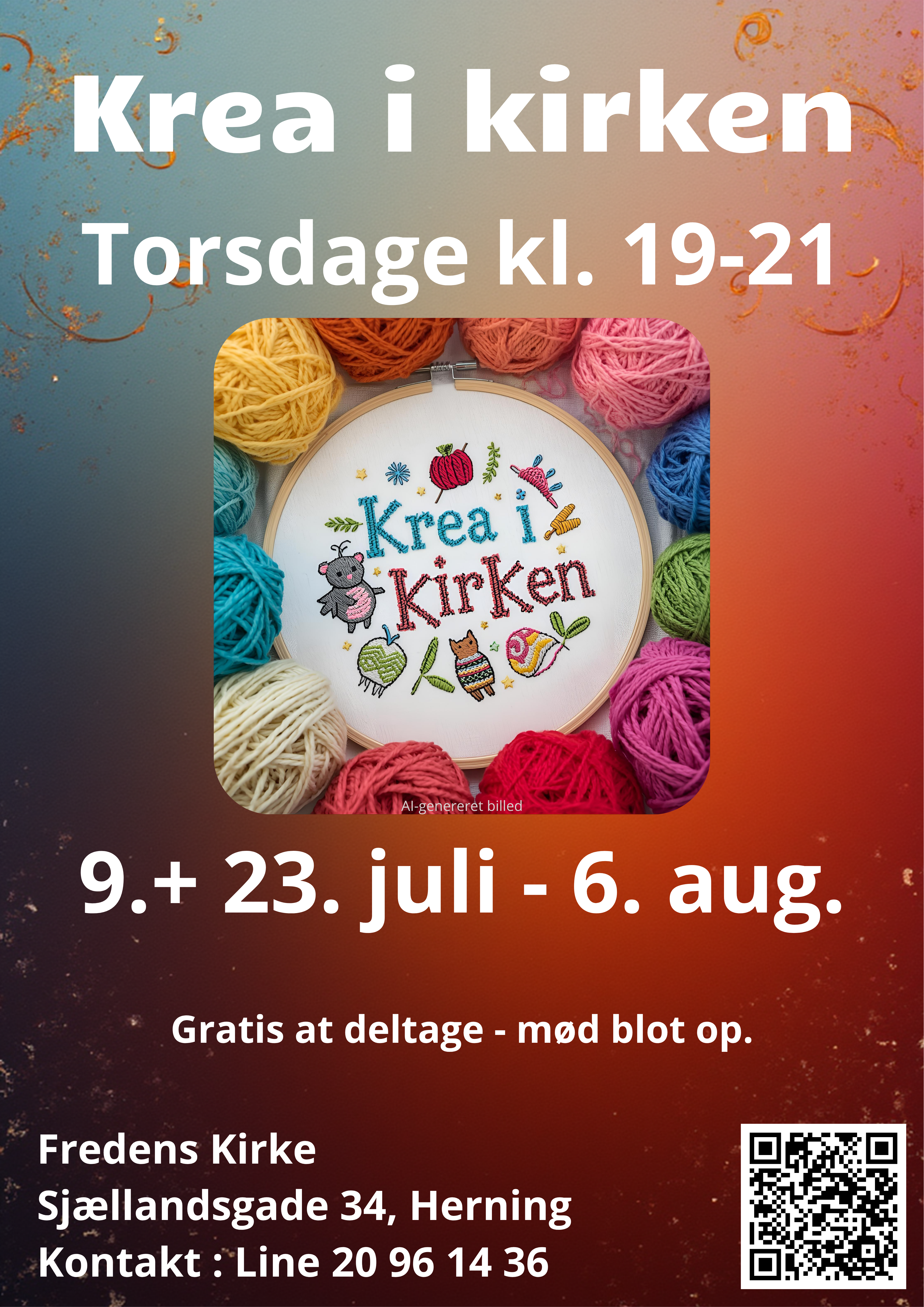 Fredens Kirke inviterer til krea-aftener torsdage fra kl. 19.00 - 21.00. Alle er velkomne uanset niveau. Hvilken slags håndarbejde/krea-aktivitet I ønsker at sidde og nørkle med, bestemmer I selv. Hvis der er nogen, som har ønske om at lære at strikke eller hækle, kan vi hjælpe dig i gang med det. Kan du lide at sy, brodere eller noget helt tredje, er du også velkommen til at komme og hygge med os.
Vores ønske er at skabe et fællesskab, hvor kreativitet er i fokus og hvor vi kan få os en god snak og inspirere hinanden til nye projekter og teknikker. Der vil være mulighed for at få hjælp/sparring til at komme i gang og til at lære nye teknikker. Vi glæder os meget til at se alle dem, som har lyst til at være en del af et krea-fællesskab. Ingen tilmelding - man møder bare op