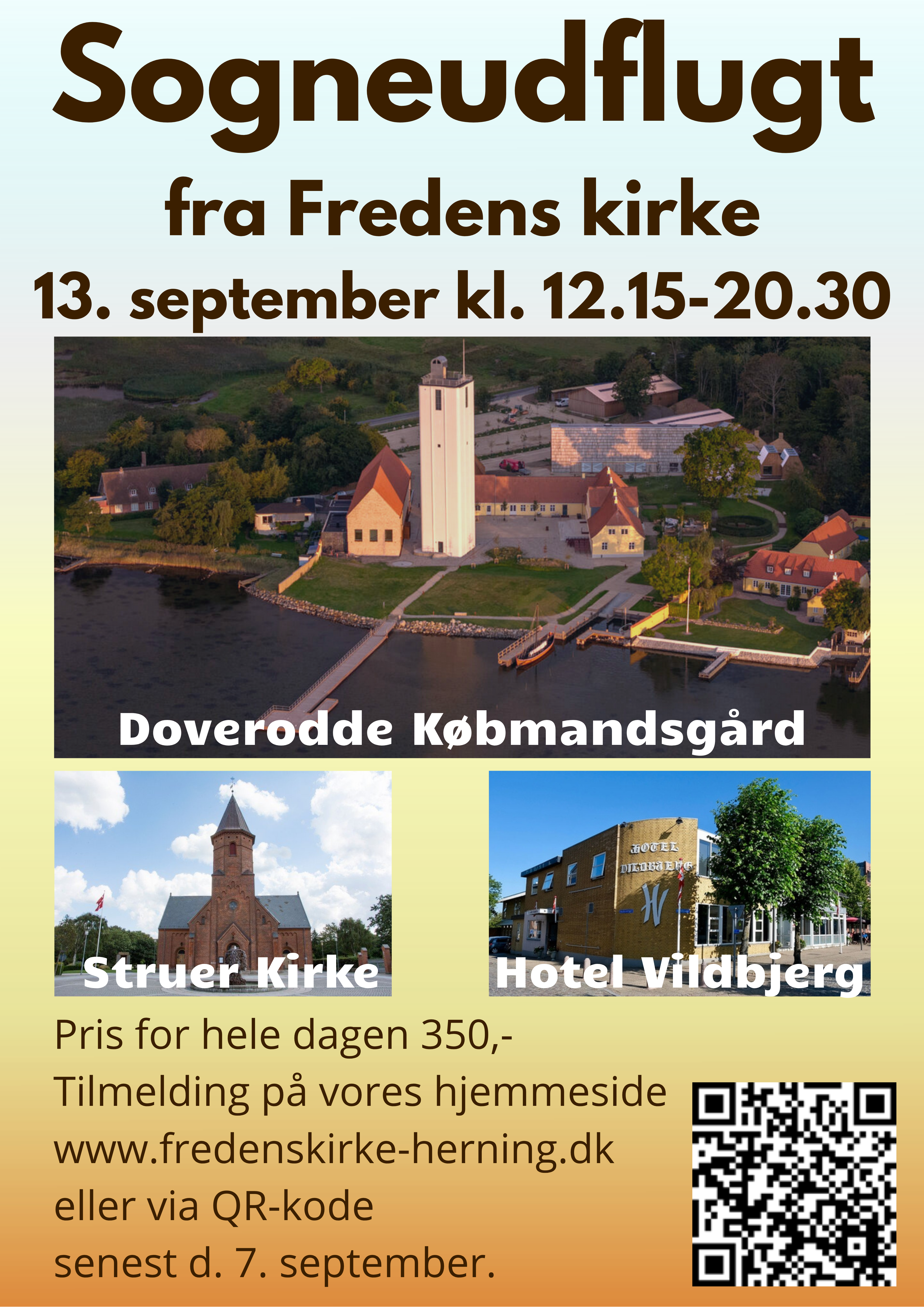 Turen går i år til Doverodde på Thy, hvor vi vil se det smukke område. På vej dertil besøger vi Struer Kirke, hvor vi også drikker vores eftermiddagskaffe. På vej hjem spiser vi middag på Hotel Vildbjerg.
Pris for hele dagen er 350 kr. Tilmelding på vores hjemmeside www.fredenskirke-herning.dk/aktiviteter/sogneudflugt eller på tilmeldingsseddel i våbenhuset senest d. 7. september.
Bindende tilmelding â betaling på Mobilepay 81718 mrk. Sogneudflugt eller kontant på dagen.

