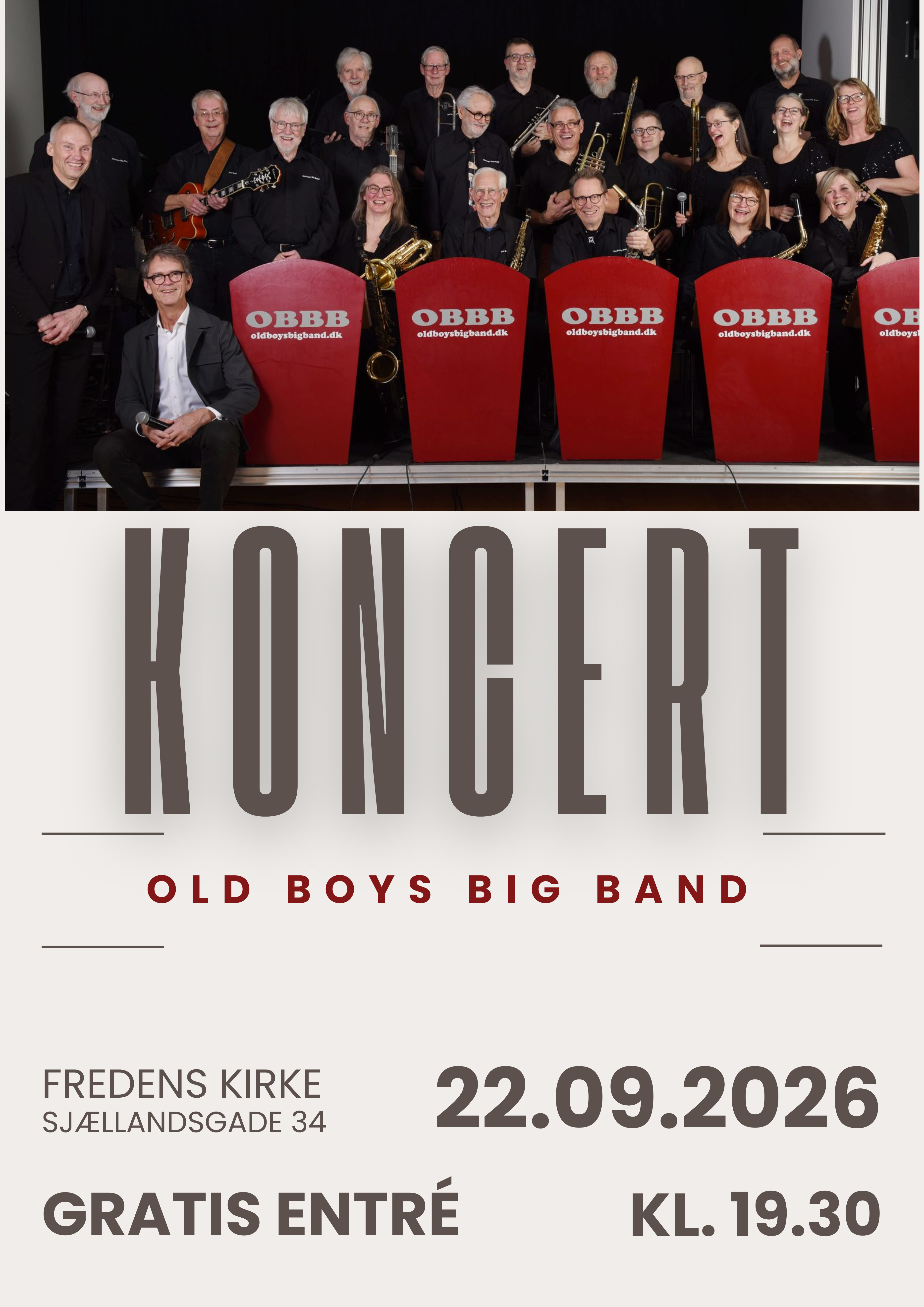 Tirsdag d. 22. september kl. 19.30
OBBB - Old boys big band
Som navnet antyder: Alder er ingen hindring!
Medlemmerne er amatørmusikere fra det midtjyske, der - som ægte oldboys'er - holder af at spille gode gamle, iørefaldende swingnumre, gerne i en lidt nyere iklædning. 
Old Boys Big Band med musikere, sangere og lydmand tæller i fuld opstilling omkring 30 mand m/k.
Såvel trompet-, trombone- og saxgruppen som rytmegruppen er fuldt besat.
Gratis entré