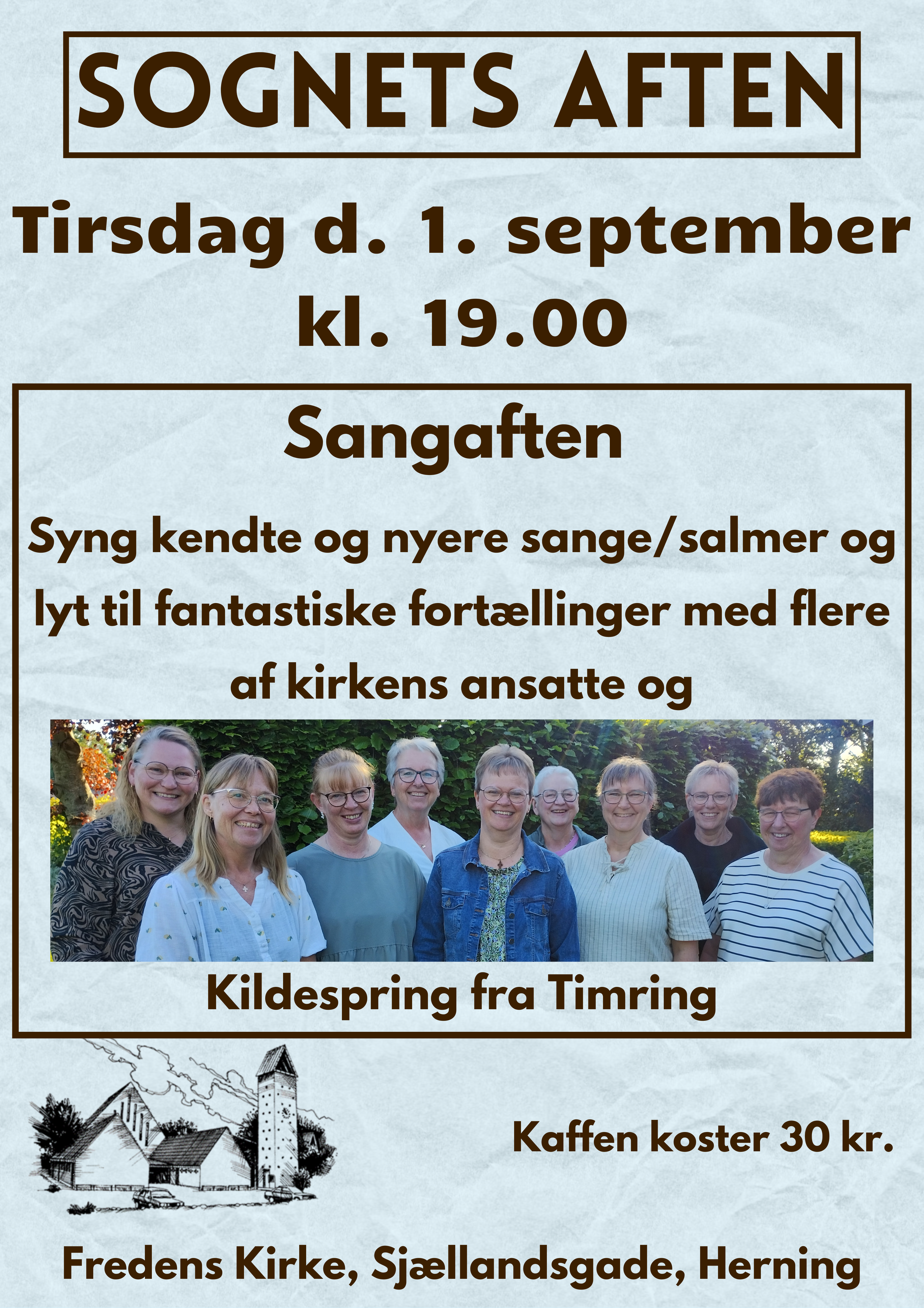 Kom og syng kendte og nyere sange/salmer og lyt til fantastiske fortællinger sammen med flere af kirkens ansatte. 
Koret Kildespring fra Timring kommer også og synger nogle sange for os.

Gratis entré. Kaffen koster 30 kr.