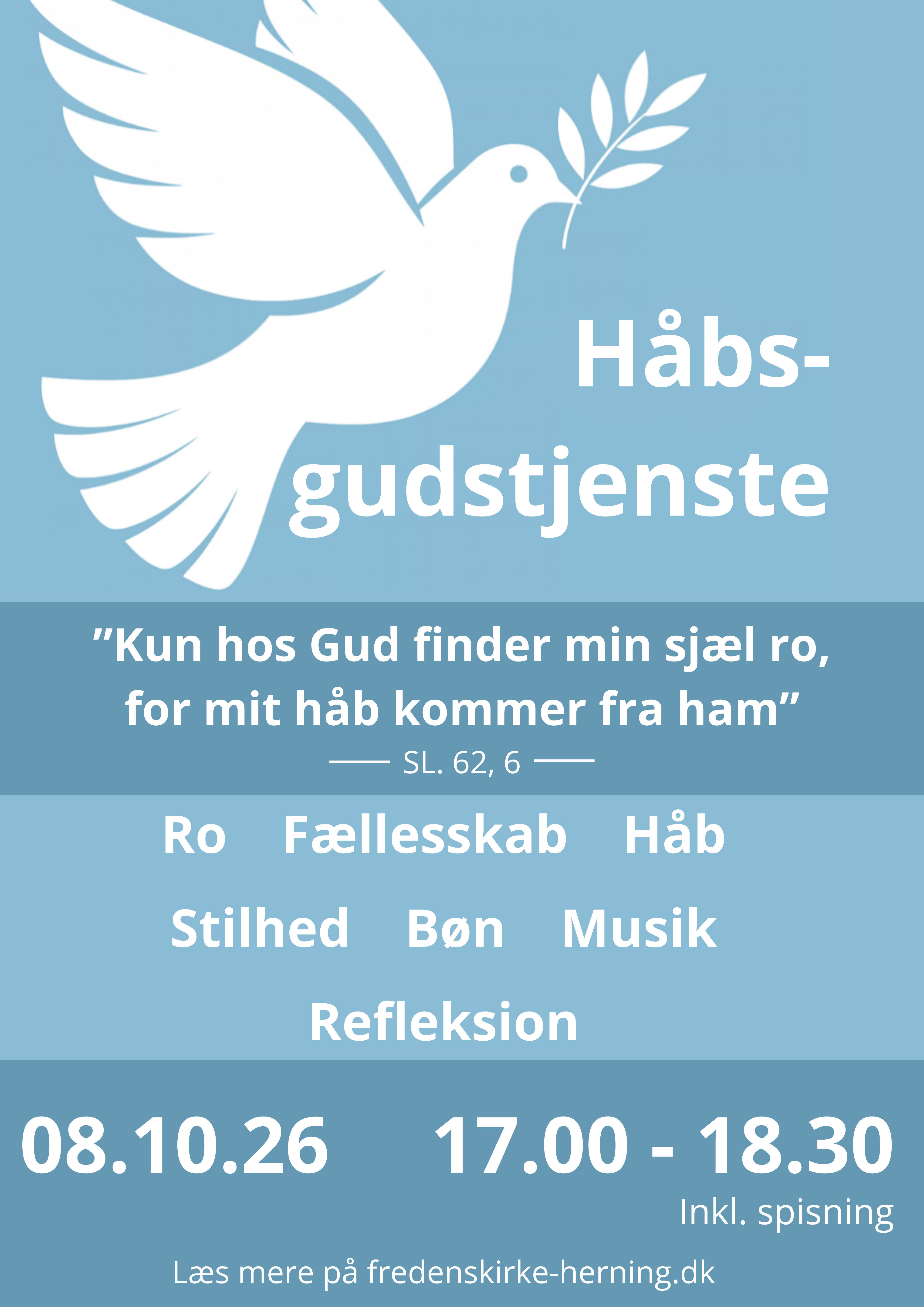 Med denne gudstjeneste ønsker vi at skabe et rum, hvor der er plads til ro, eftertænksomhed, stilhed, musik og mulighed for at mærke mødet med Gud i kirkerummet og i den enkelte af os.  
Efterfølgende er der mulighed for fællesspisning.
Bestilles ved ankomst til gudstjenesten.
Pris 50 kr.

