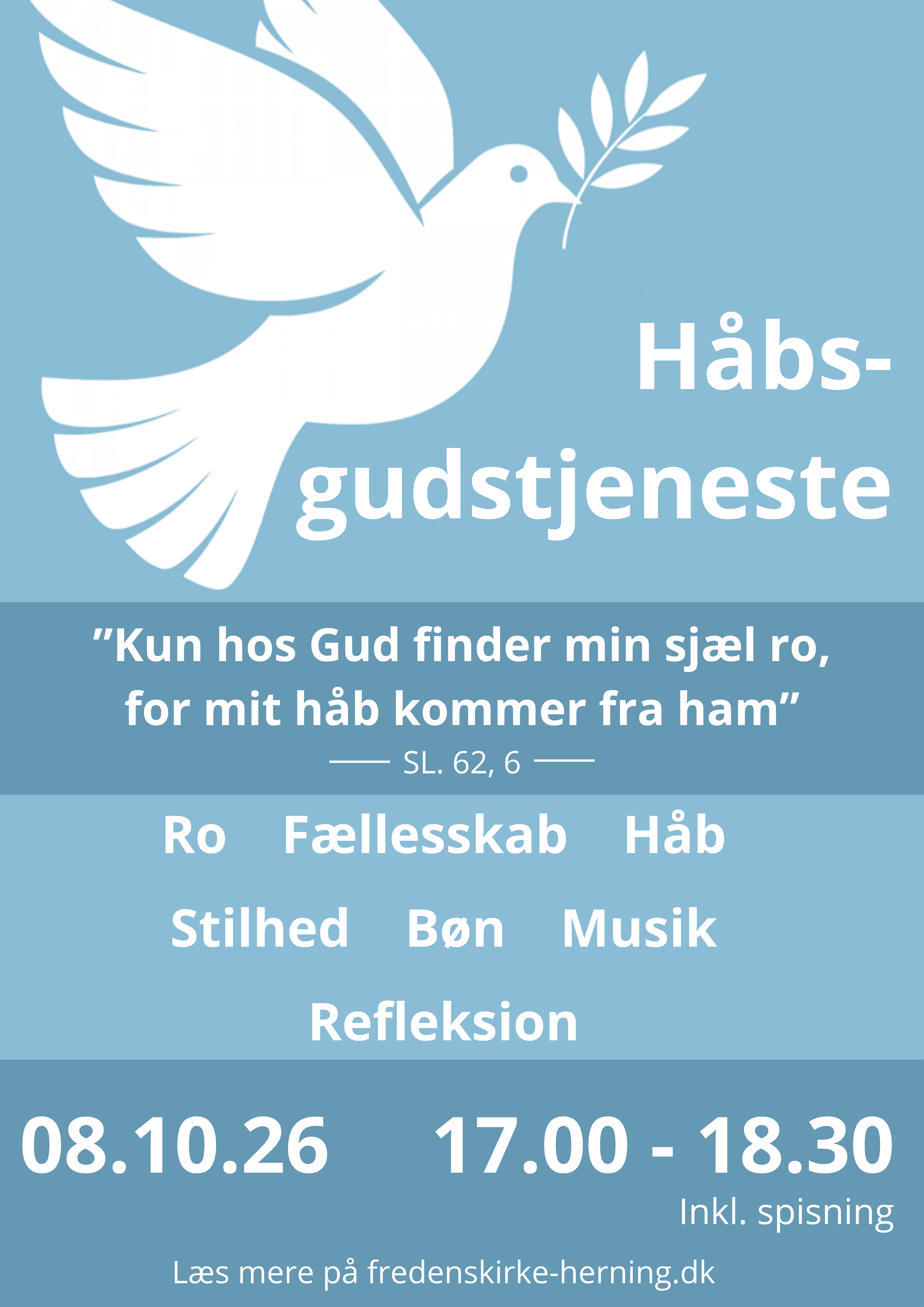 Med denne gudstjeneste ønsker vi at skabe et rum, hvor der er plads til ro, eftertænksomhed, stilhed, musik og mulighed for at mærke mødet med Gud i kirkerummet og i den enkelte af os.  
Efterfølgende er der mulighed for fællesspisning.
Bestilles ved ankomst til gudstjenesten.
Pris 50 kr.

